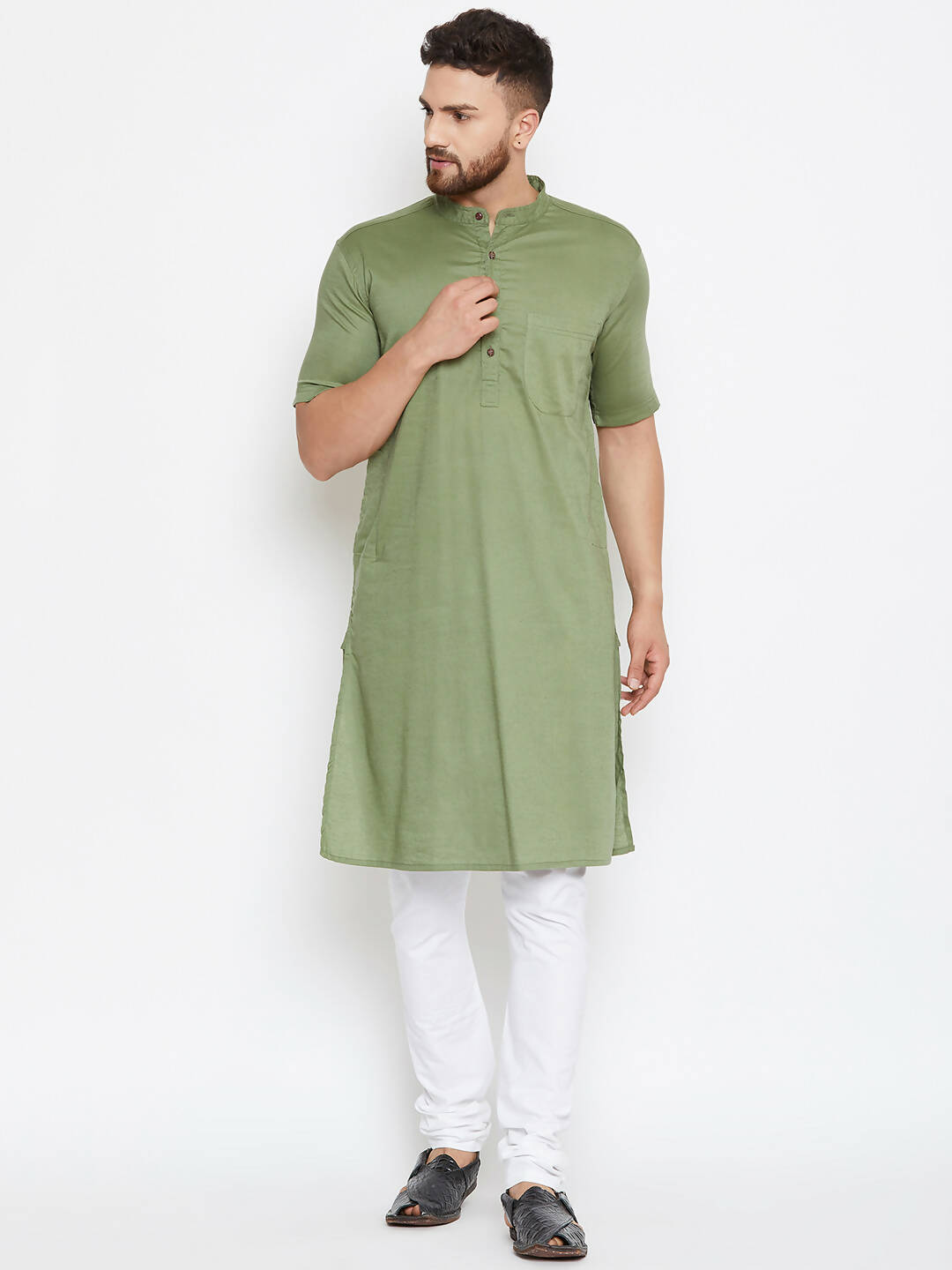 Even Apparels Green Color Pure Cotton Men's Kurta With Band Collar - Distacart