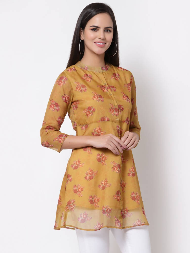 Myshka Women's Traditional Organza Printed Printed 3/4 Sleeve Round Neck Casual Multicolor Tunic