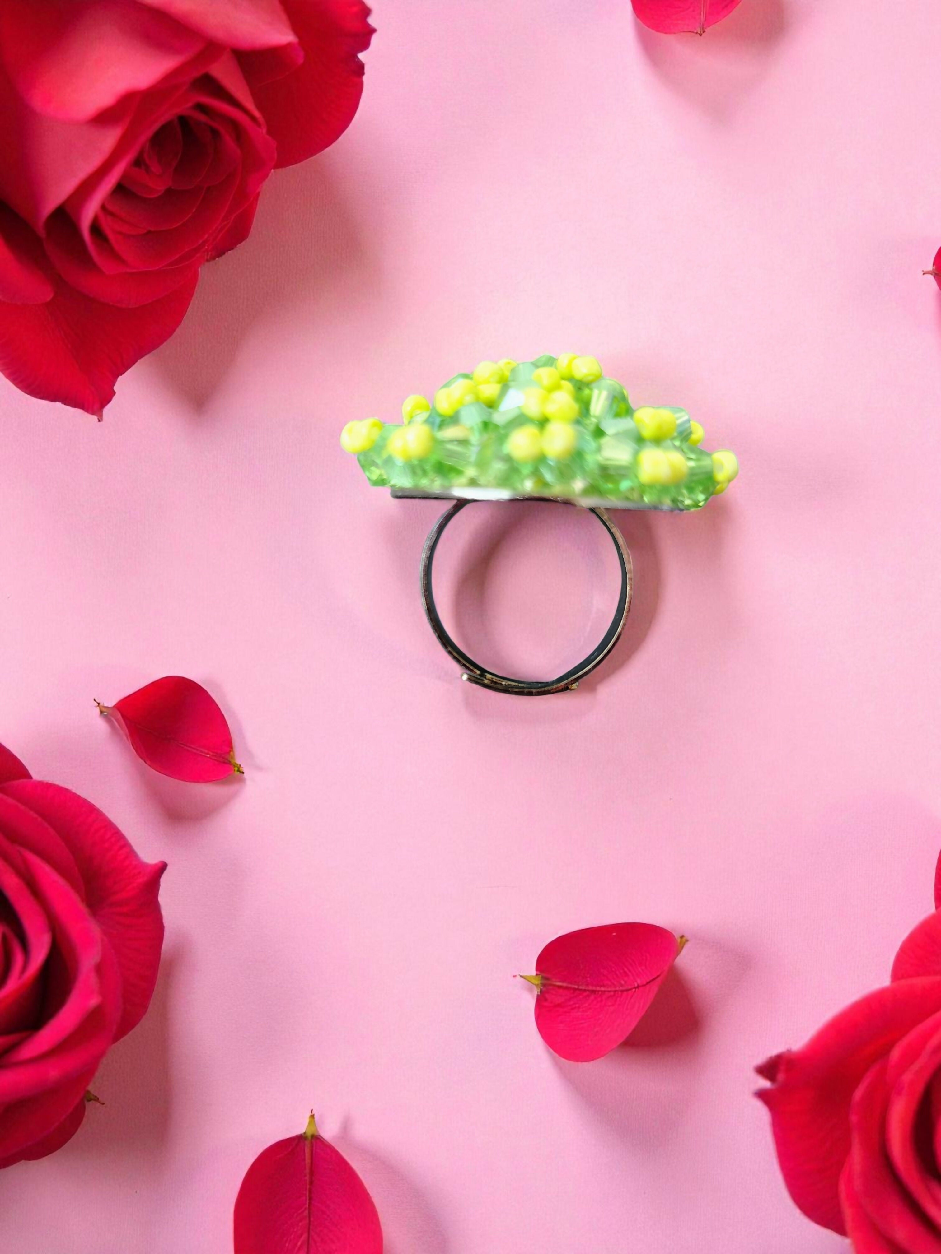 Inhanns Rang-E-Roshan Adjustable Ring – Handmade Crystal Statement Ring - Neon Green