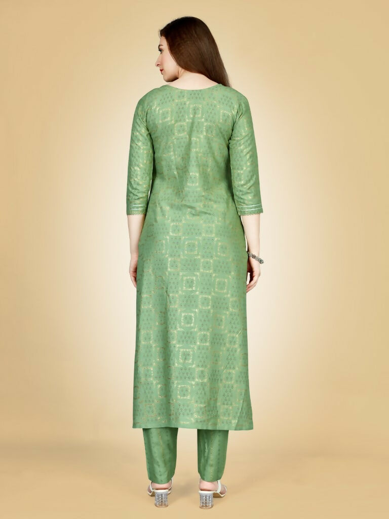 Jyoti Fashion Women's Sea Green Viscose Rayon Embroidered Kurta Pant Set
