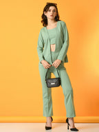 Myshka Women's Green Solid Coat With Trousers