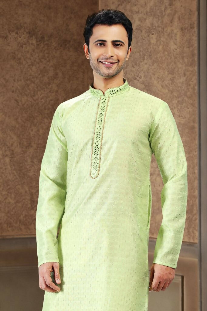 Raivat Ethnic Jacquard Art Silk Mirror and Thread Work Kurta Pajama In Pista Green Colour - Distacart