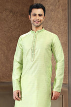 Raivat Ethnic Jacquard Art Silk Mirror and Thread Work Kurta Pajama In Pista Green Colour - Distacart