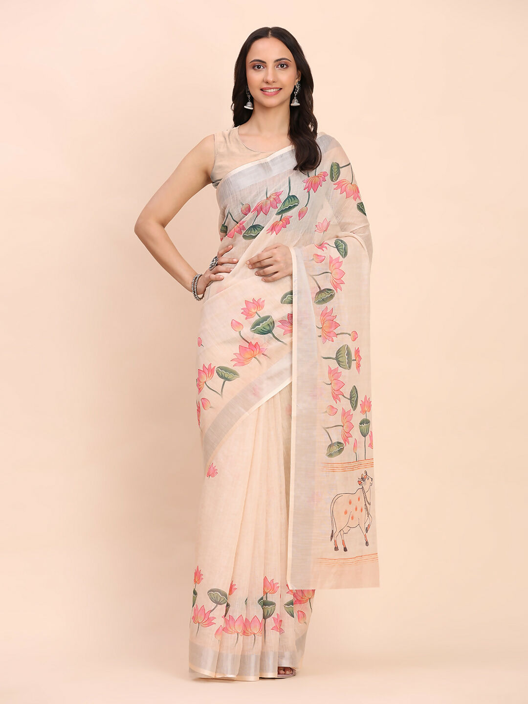 Shree Shyam Fashion Linen Cotton Peach Saree - Distacart