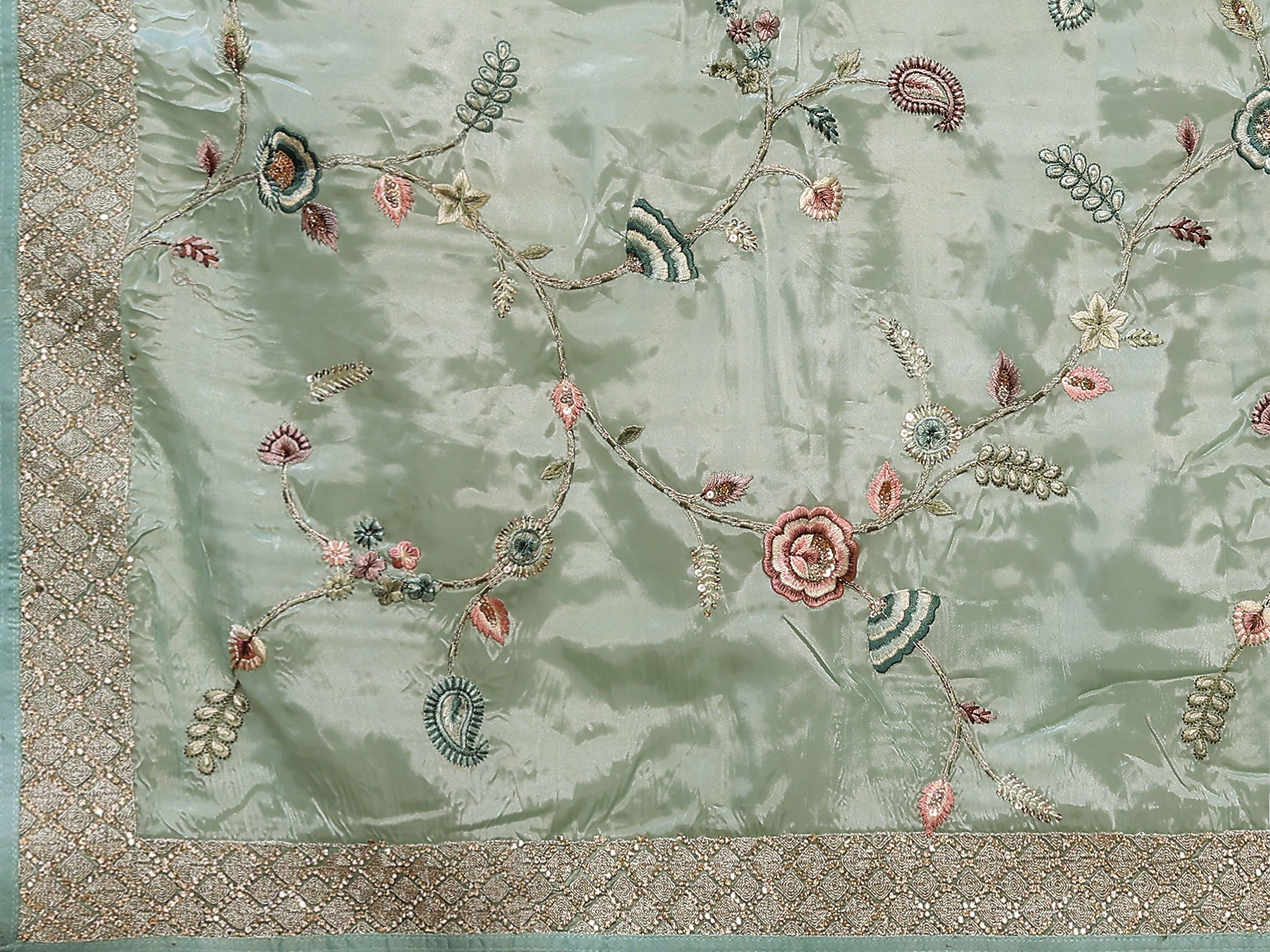 Blue Satin Silk Embroidered Saree With Stitched Blouse - Nimaya Kaksha
