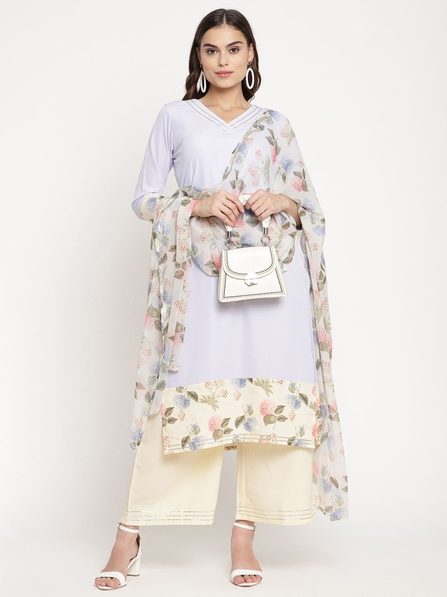 Ahalyaa Women's Powder Blue Crepe Kurta Palazzo Set With Dupatta