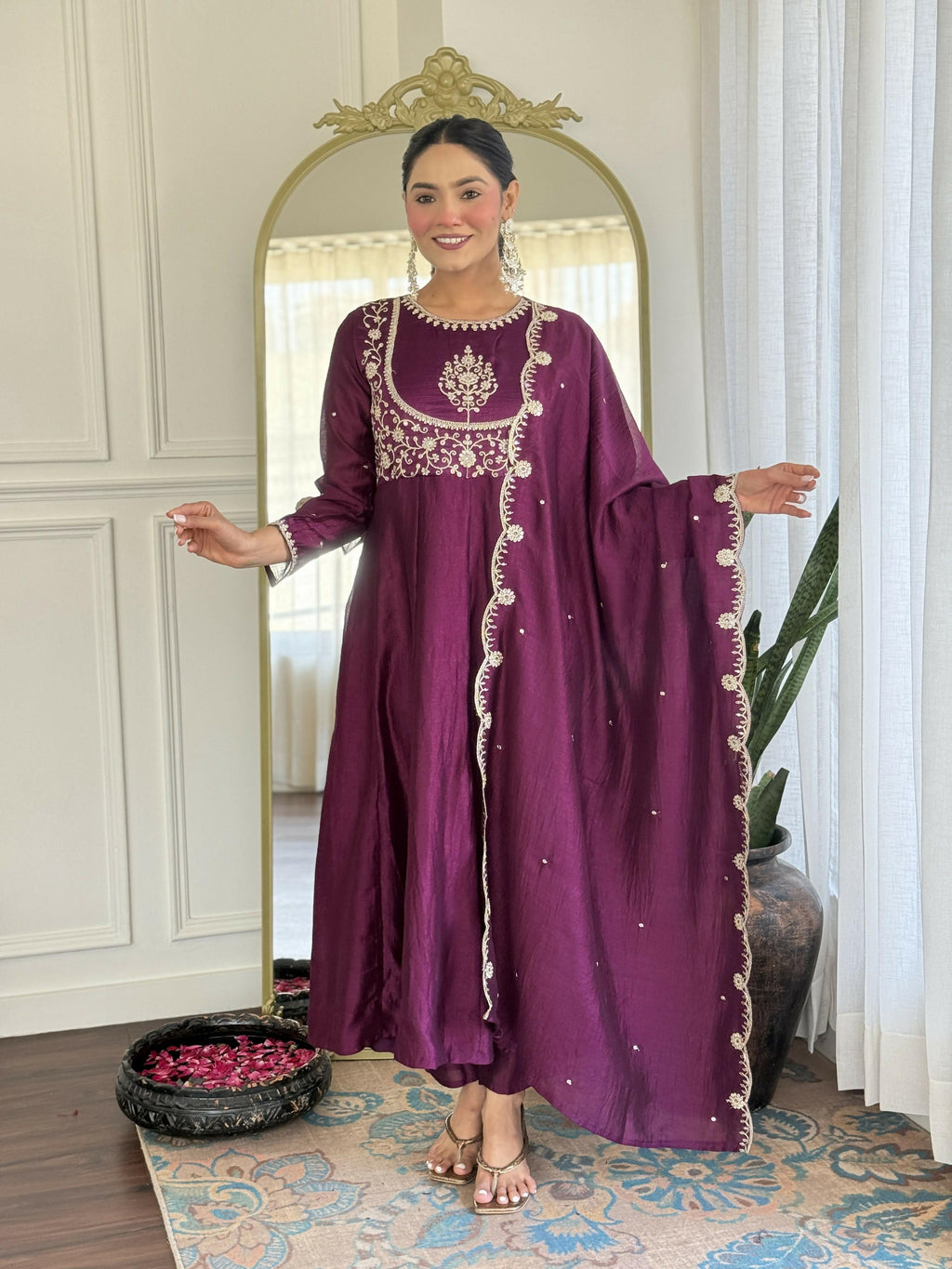 The52 Purple Women's Gorgeous Embroidered Vichitra Silk Fabric Flared Kurta Pant with Dupatta Set - Distacart