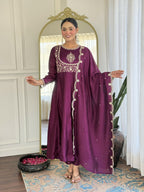 The52 Purple Women's Gorgeous Embroidered Vichitra Silk Fabric Flared Kurta Pant with Dupatta Set - Distacart