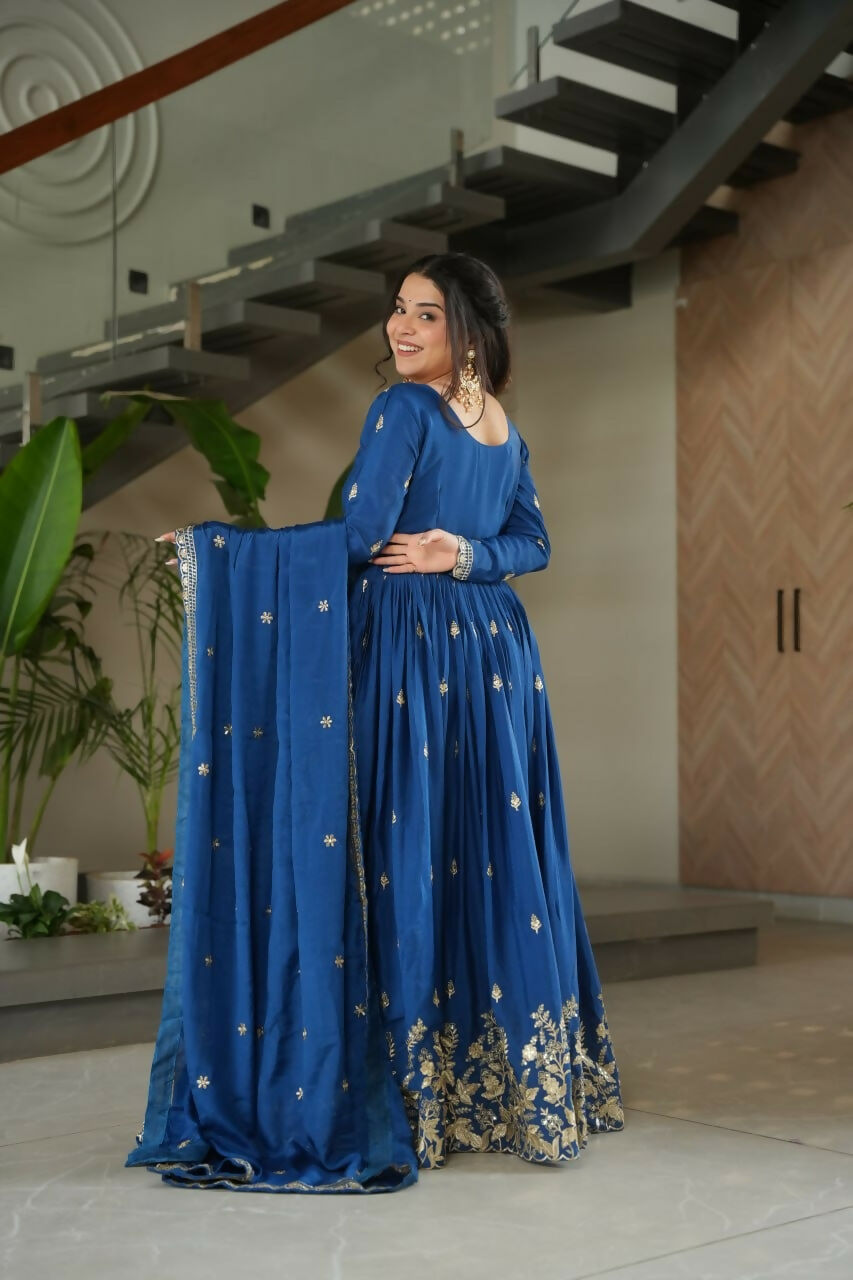 Teeya Creation Blue Color Chinon Silk Party Wear Long Gown - Distacart
