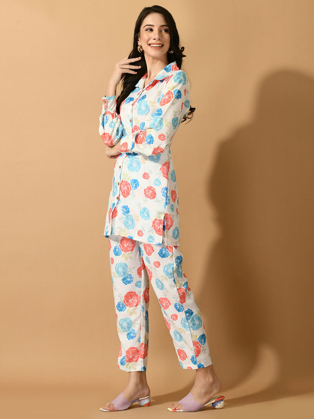 Myshka Women's White Printed Shirt With Trousers