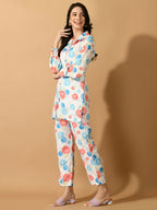 Myshka Women's White Printed Shirt With Trousers