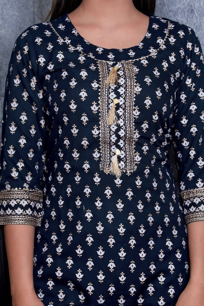 Vamika Navy Blue Gota Patti Work Rayon Casual Wear Kurta Set