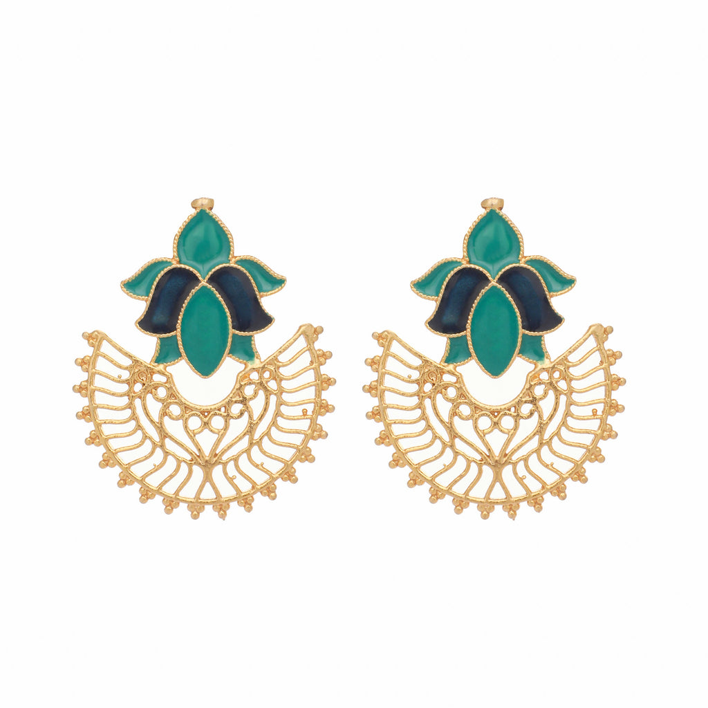 Nuyug 22K Gold Plated Turquoise Enamel Studded Indo-Western Floral Jali Statement Stud Earrings - Distacart