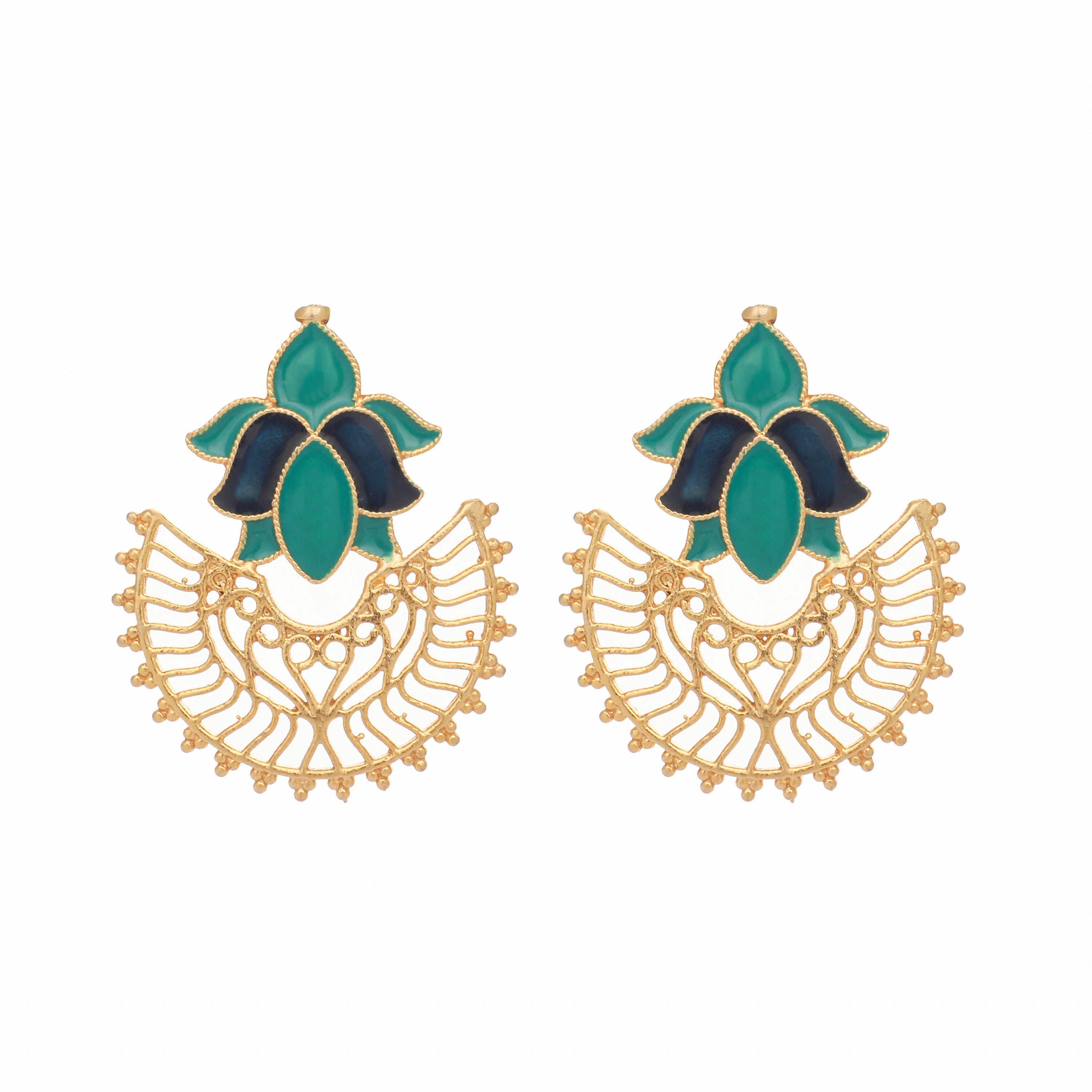 Nuyug 22K Gold Plated Turquoise Enamel Studded Indo-Western Floral Jali Statement Stud Earrings - Distacart