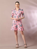Myshka Women's Pink Printed Shirt Collar Fit and Flare Party Dress - Distacart