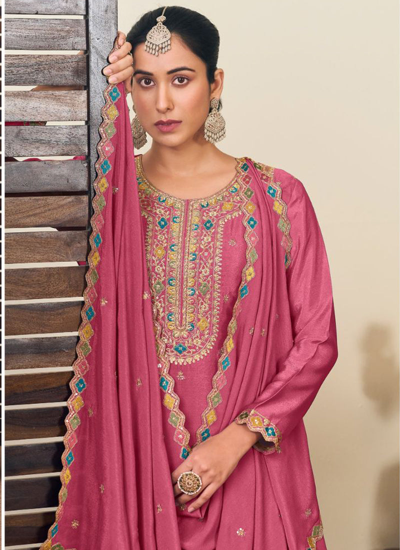 Vegaa Fashion Peach Chinon Silk Embroidered Lehenga Style Suit - Distacart