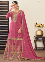 Vegaa Fashion Peach Chinon Silk Embroidered Lehenga Style Suit - Distacart
