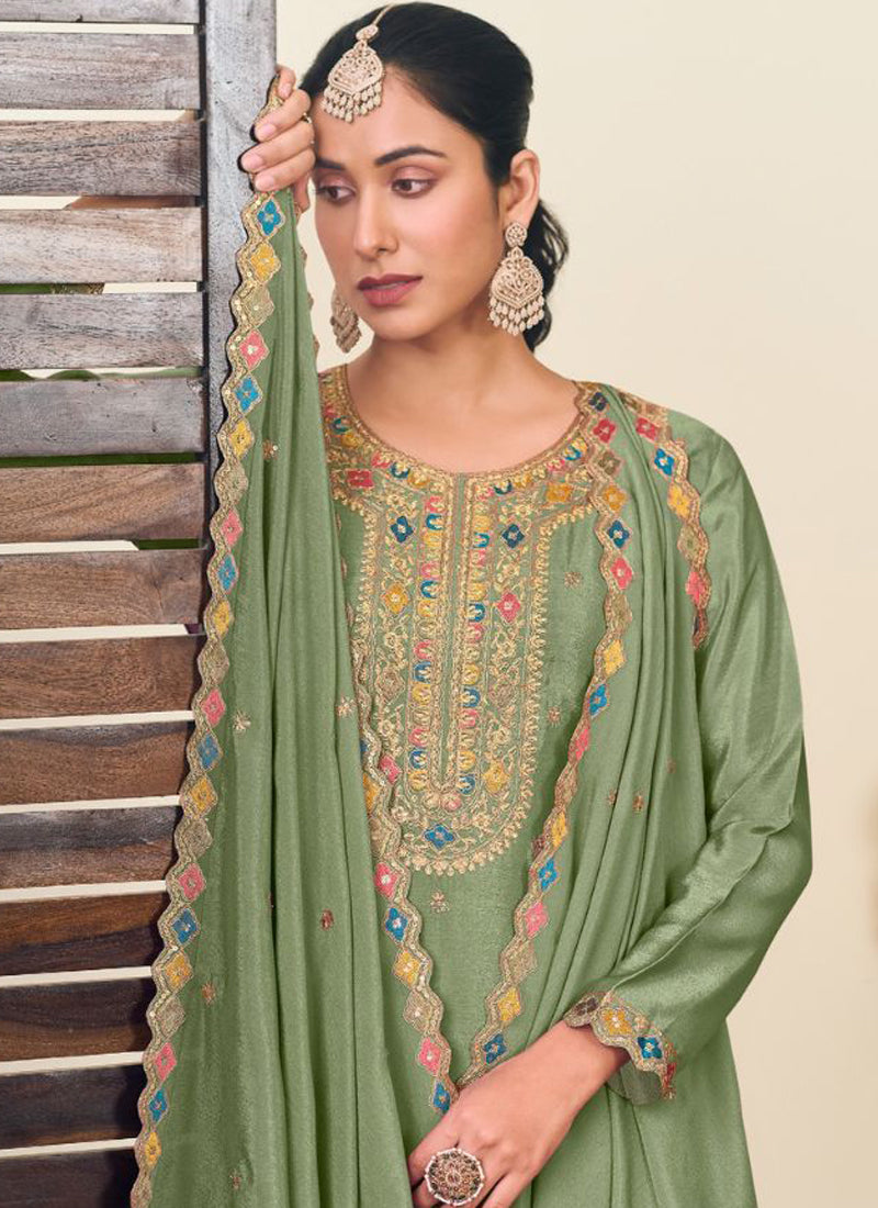 Vegaa Fashion Pista Green Chinon Silk Embroidered Lehenga Style Suit - Distacart
