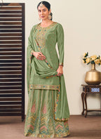 Vegaa Fashion Pista Green Chinon Silk Embroidered Lehenga Style Suit - Distacart