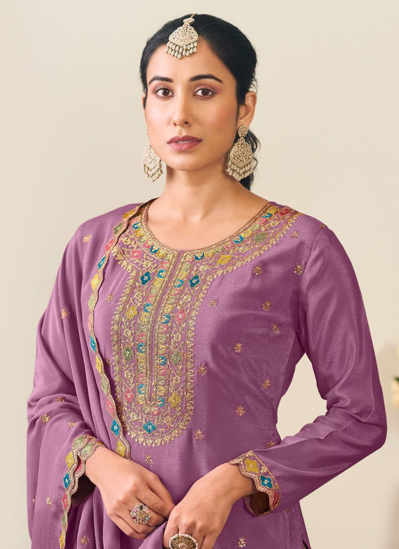 Vegaa Fashion Lavender Chinon Silk Embroidered Lehenga Style Suit - Distacart