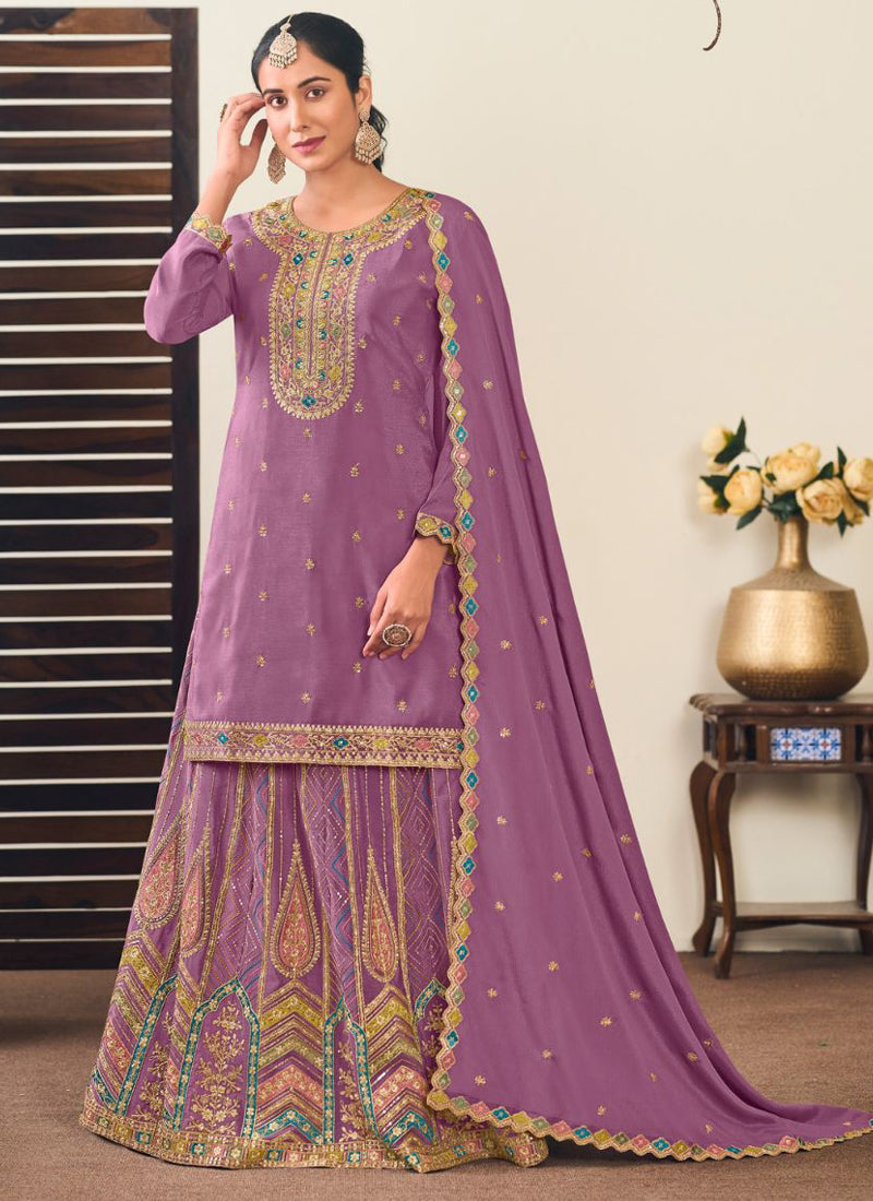 Vegaa Fashion Lavender Chinon Silk Embroidered Lehenga Style Suit - Distacart