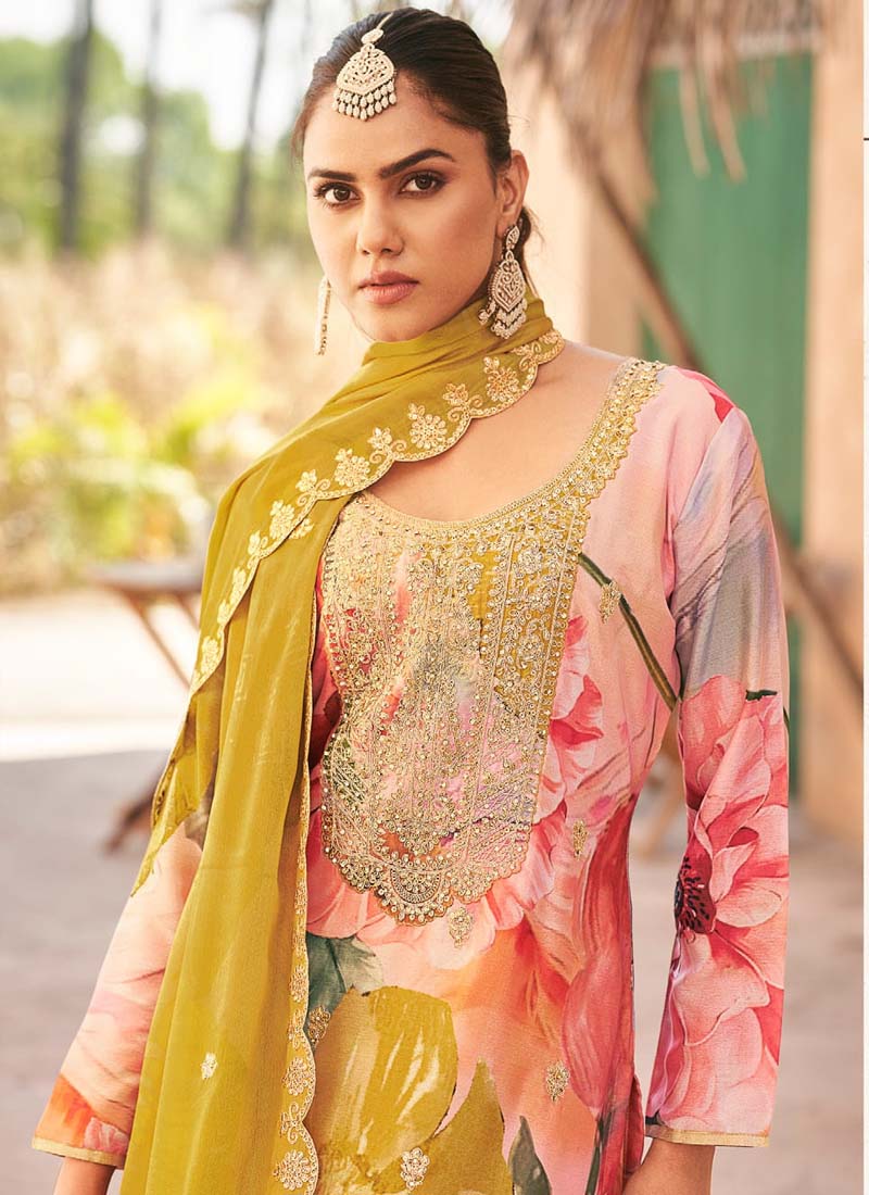 Vegaa Fashion Baby Pink Premium Chinon Embroidered Palazzo Suit