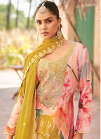 Vegaa Fashion Baby Pink Premium Chinon Embroidered Palazzo Suit
