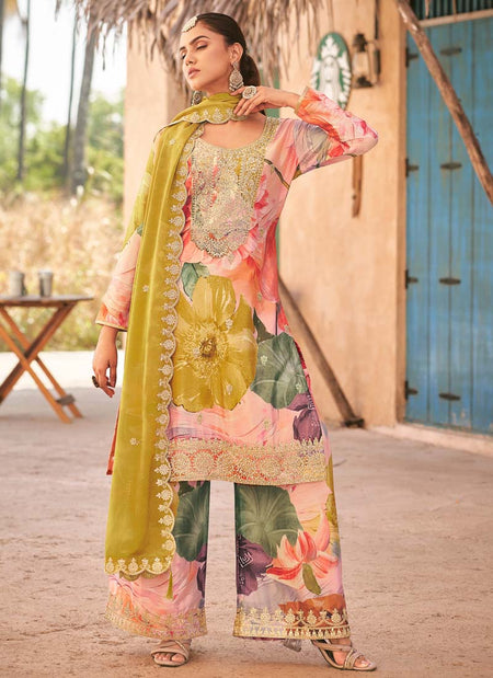 Vegaa Fashion Baby Pink Premium Chinon Embroidered Palazzo Suit