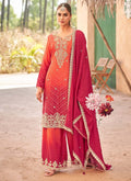 Vegaa Fashion Red Premium Chinon Embroidered Palazzo Suit