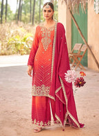 Vegaa Fashion Red Premium Chinon Embroidered Palazzo Suit