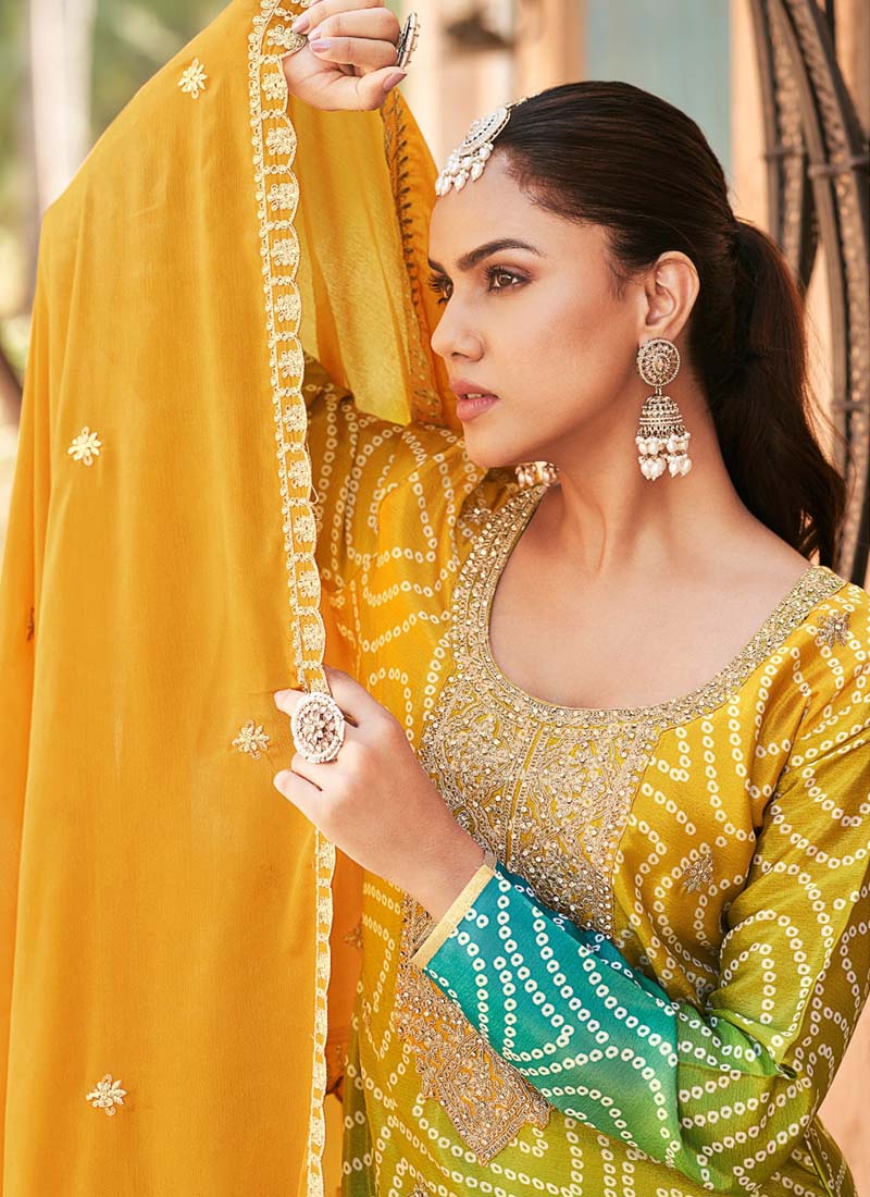 Vegaa Fashion Yellow Premium Chinon Embroidered Palazzo Suit
