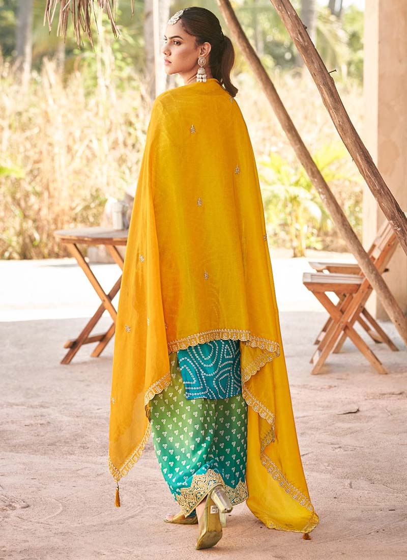 Vegaa Fashion Yellow Premium Chinon Embroidered Palazzo Suit