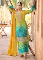 Vegaa Fashion Yellow Premium Chinon Embroidered Palazzo Suit