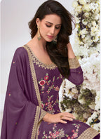 Vegaa Fashion Purple Chinon Silk Embroidered Palazzo Suit - Distacart