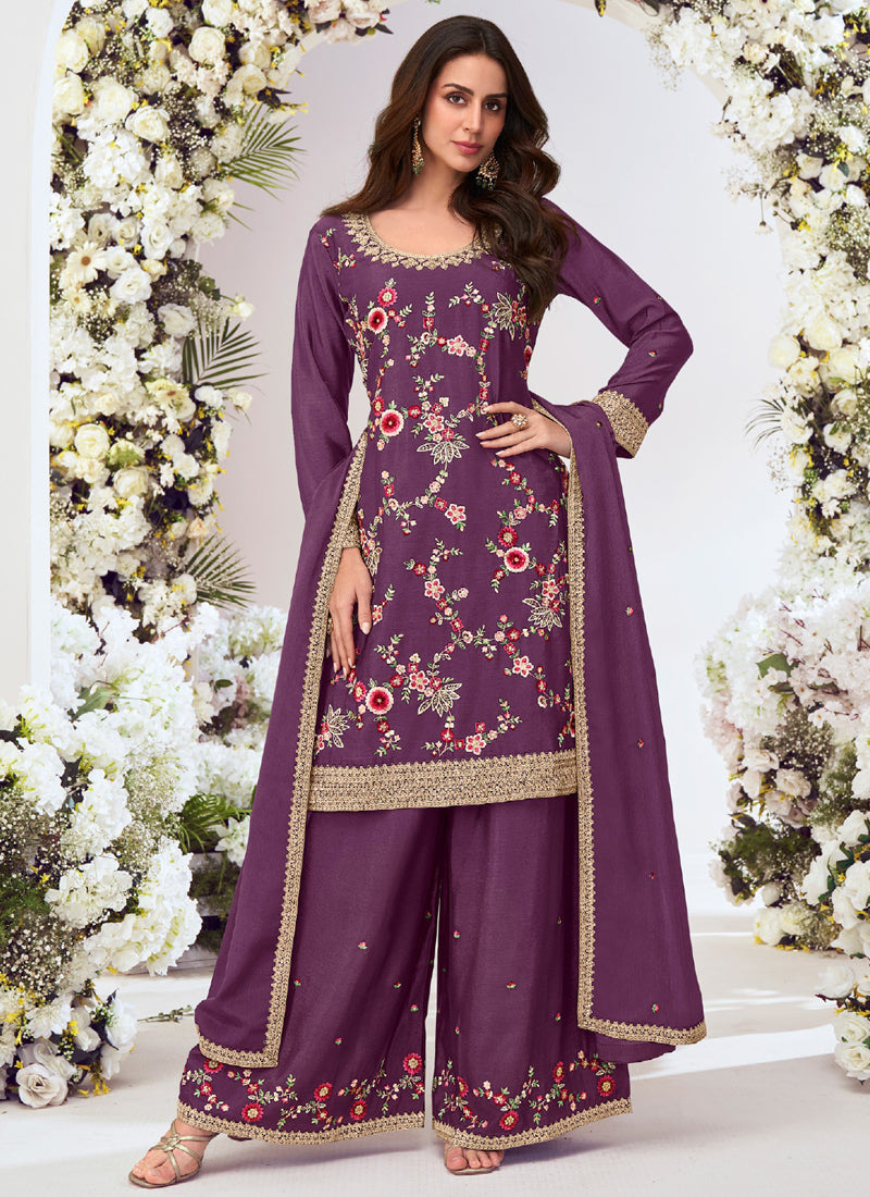 Vegaa Fashion Purple Chinon Silk Embroidered Palazzo Suit - Distacart