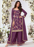 Vegaa Fashion Purple Chinon Silk Embroidered Palazzo Suit - Distacart