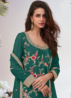 Vegaa Fashion Green Chinon Silk Embroidered Palazzo Suit - Distacart