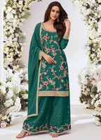 Vegaa Fashion Green Chinon Silk Embroidered Palazzo Suit - Distacart