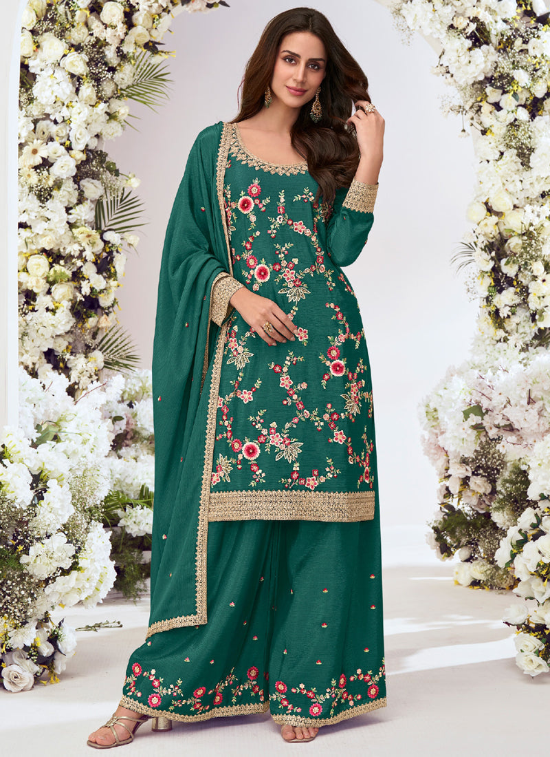 Vegaa Fashion Green Chinon Silk Embroidered Palazzo Suit - Distacart