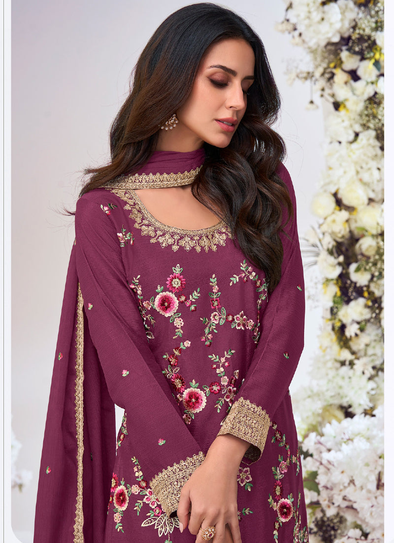 Vegaa Fashion Wine Chinon Silk Embroidered Palazzo Suit - Distacart