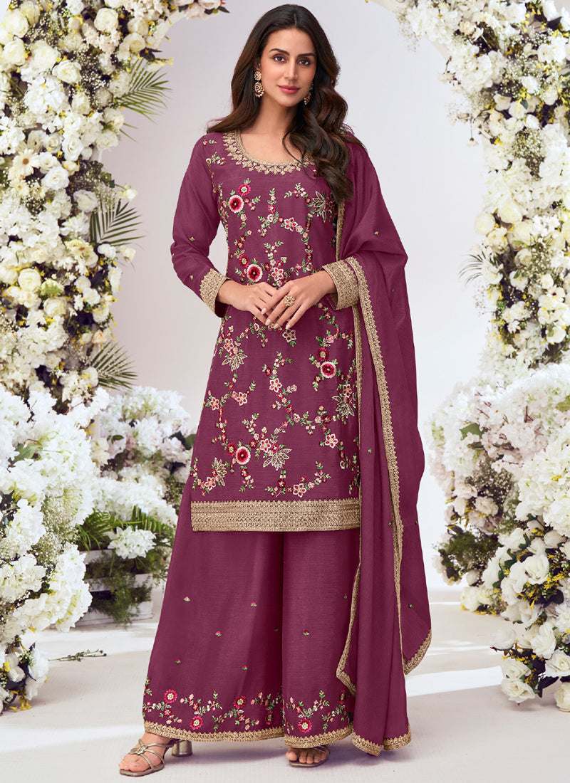 Vegaa Fashion Wine Chinon Silk Embroidered Palazzo Suit - Distacart