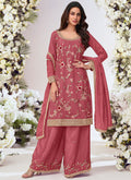 Vegaa Fashion Peach Chinon Silk Embroidered Palazzo Suit - Distacart