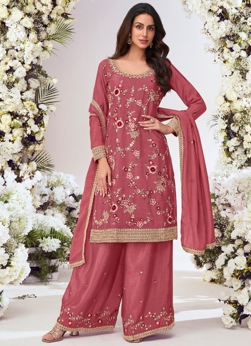 Vegaa Fashion Peach Chinon Silk Embroidered Palazzo Suit - Distacart
