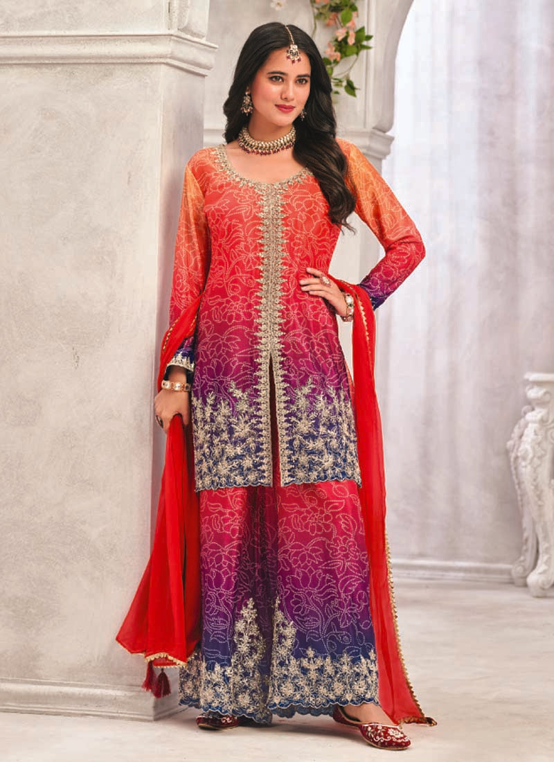 Vegaa Fashion Red Premium Chinon Embroidered Palazzo Suit