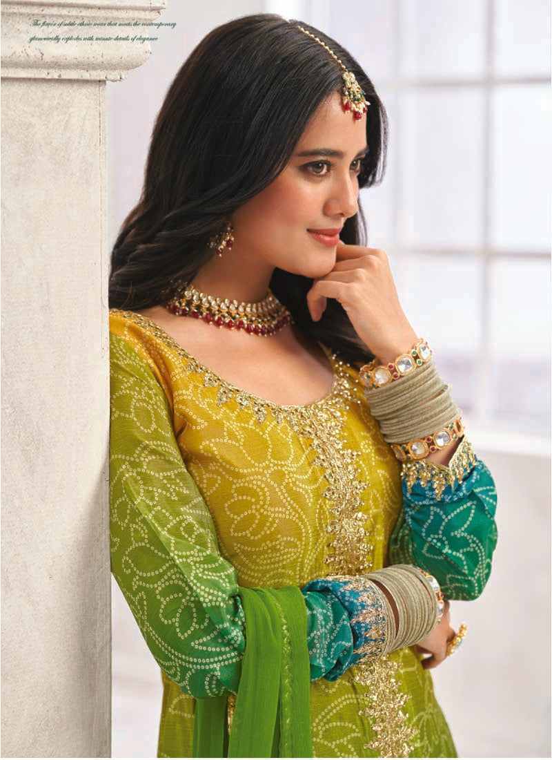 Vegaa Fashion Green Premium Chinon Embroidered Palazzo Suit
