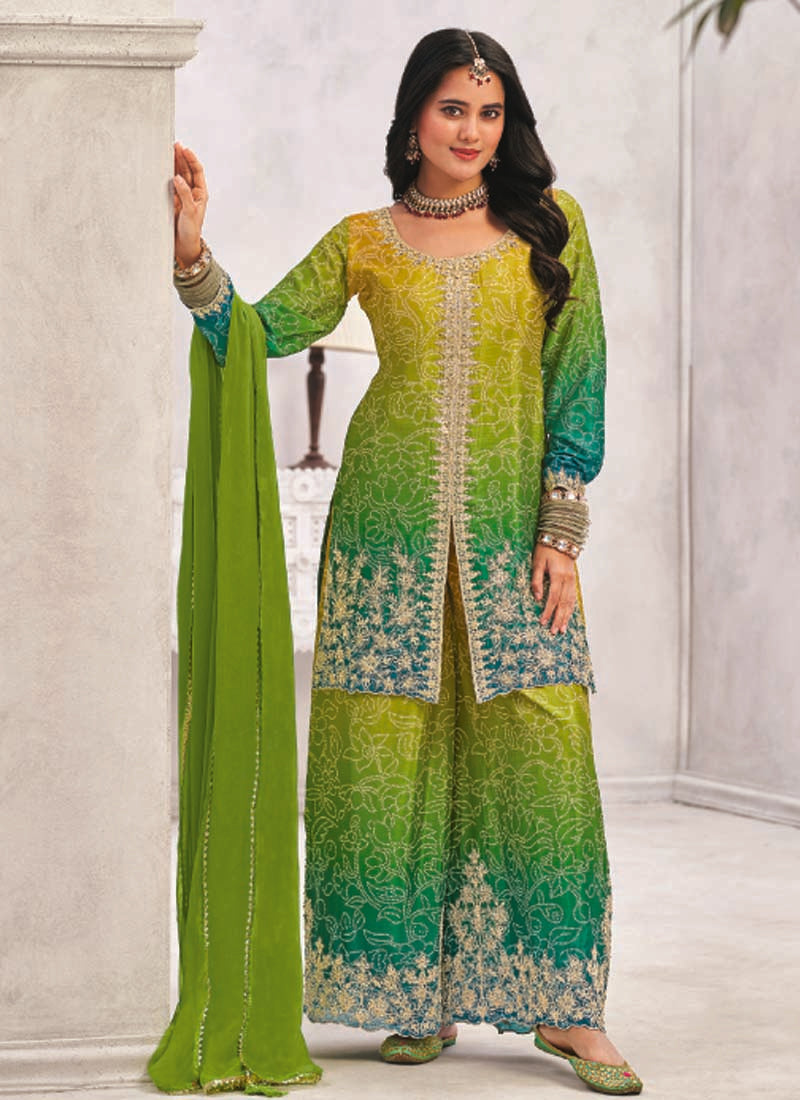 Vegaa Fashion Green Premium Chinon Embroidered Palazzo Suit