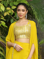 Janasya Yellow Georgette Sequined Top Bottom Cape
