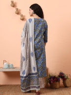 Yufta Rama Green And Blue Floral Sequins Work Straight Kurta Trouser Dupatta Set