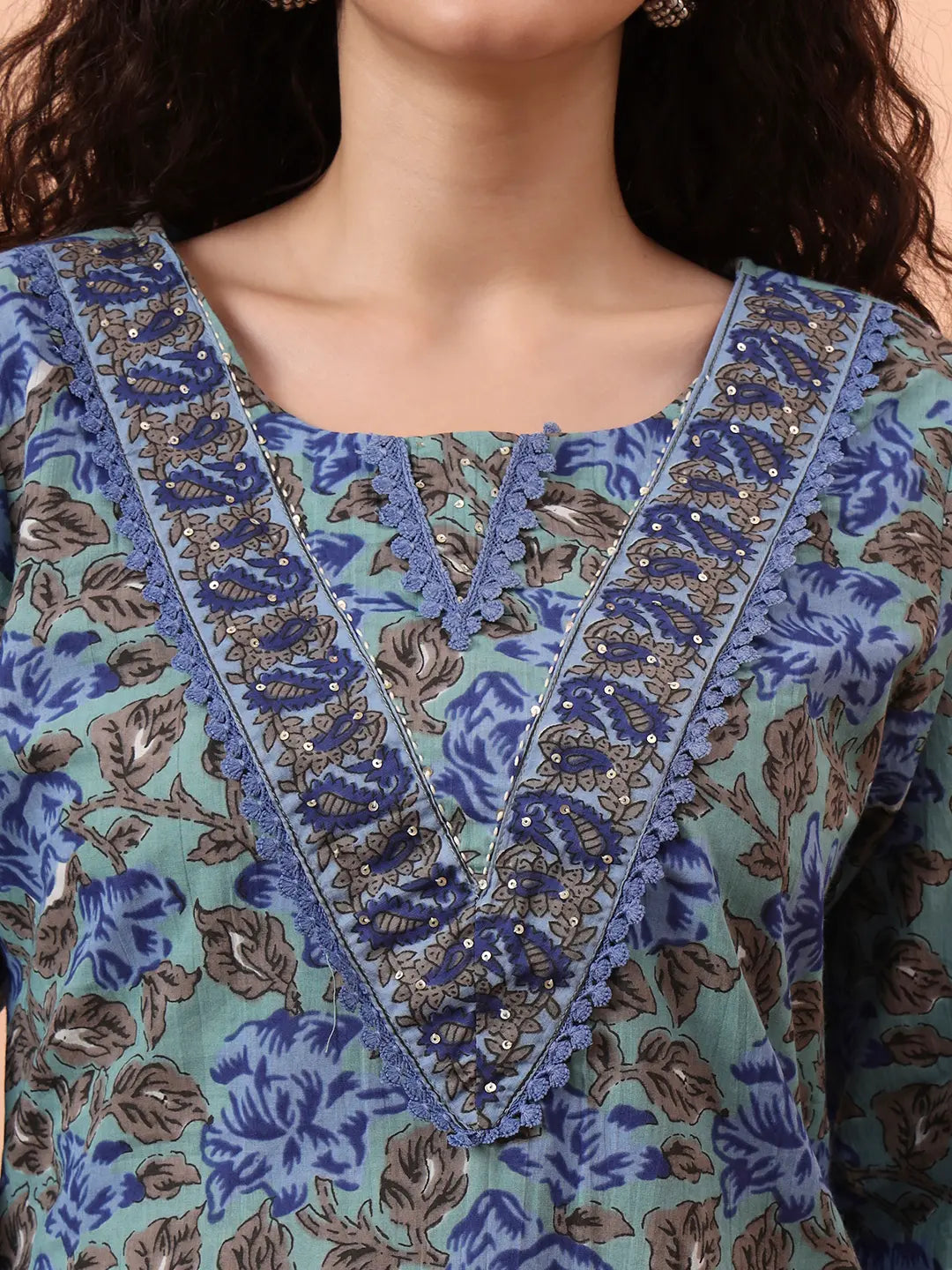 Yufta Rama Green And Blue Floral Sequins Work Straight Kurta Trouser Dupatta Set