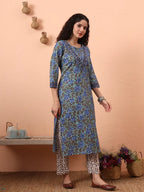 Yufta Rama Green And Blue Floral Sequins Work Straight Kurta Trouser Dupatta Set